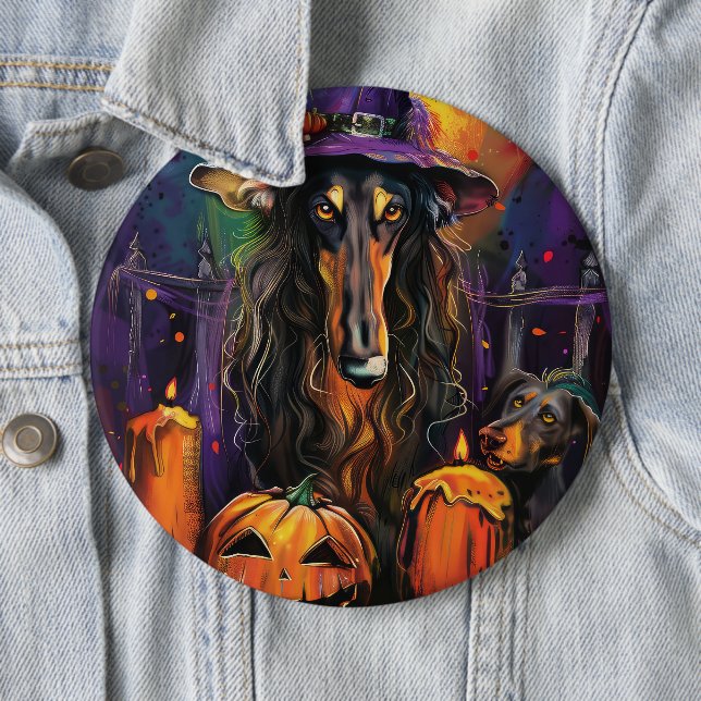 Spooky Afghan Hound Halloween Witch and Pumpkin 6 Cm Round Badge (In Situ)