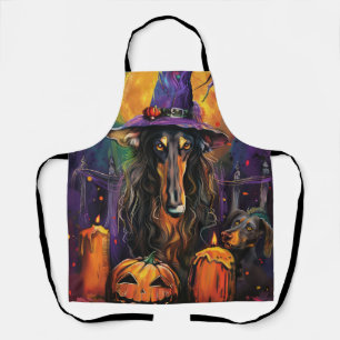 Spooky Afghan Hound Halloween Witch and Pumpkin Apron