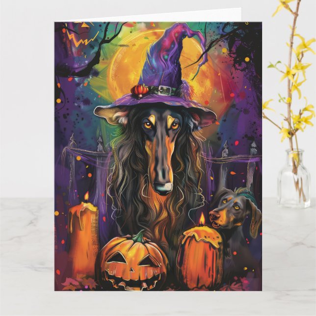 Spooky Afghan Hound Halloween Witch and Pumpkin Card (Yellow Flower)