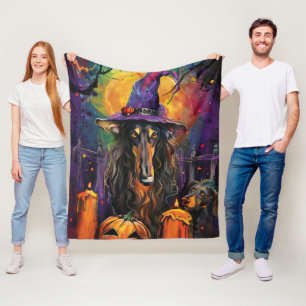 Spooky Afghan Hound Halloween Witch and Pumpkin Fleece Blanket