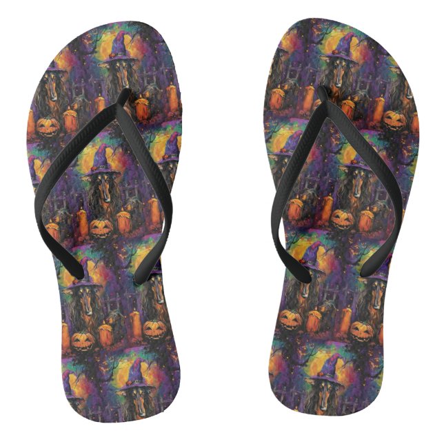 Spooky Afghan Hound Halloween Witch and Pumpkin Flip Flops (Footbed)