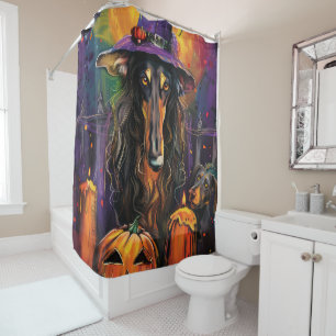 Spooky Afghan Hound Halloween Witch and Pumpkin Shower Curtain