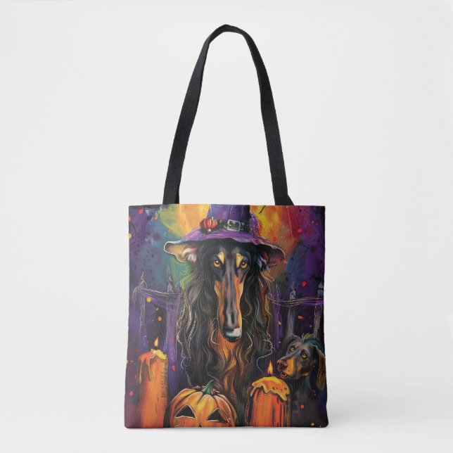 Spooky Afghan Hound Halloween Witch and Pumpkin Tote Bag (Front)