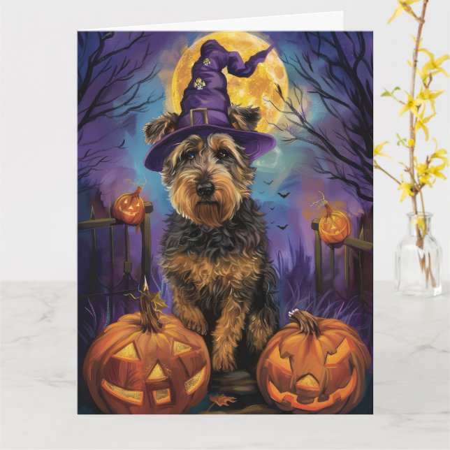Spooky Airedale Halloween Witch and Pumpkin Card (Yellow Flower)