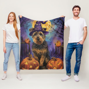 Spooky Airedale Halloween Witch and Pumpkin Fleece Blanket