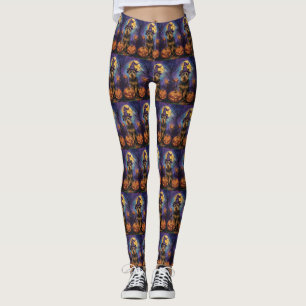 Spooky Airedale Halloween Witch and Pumpkin Leggings