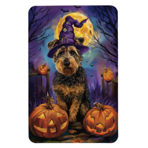 Spooky Airedale Halloween Witch and Pumpkin Magnet