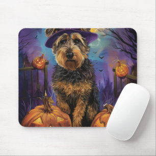 Spooky Airedale Halloween Witch and Pumpkin Mouse Mat