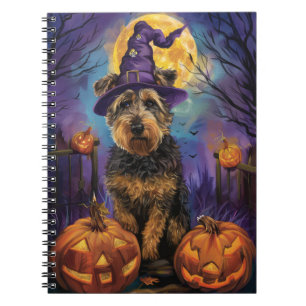 Spooky Airedale Halloween Witch and Pumpkin Notebook