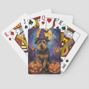 Spooky Airedale Halloween Witch and Pumpkin Playing Cards