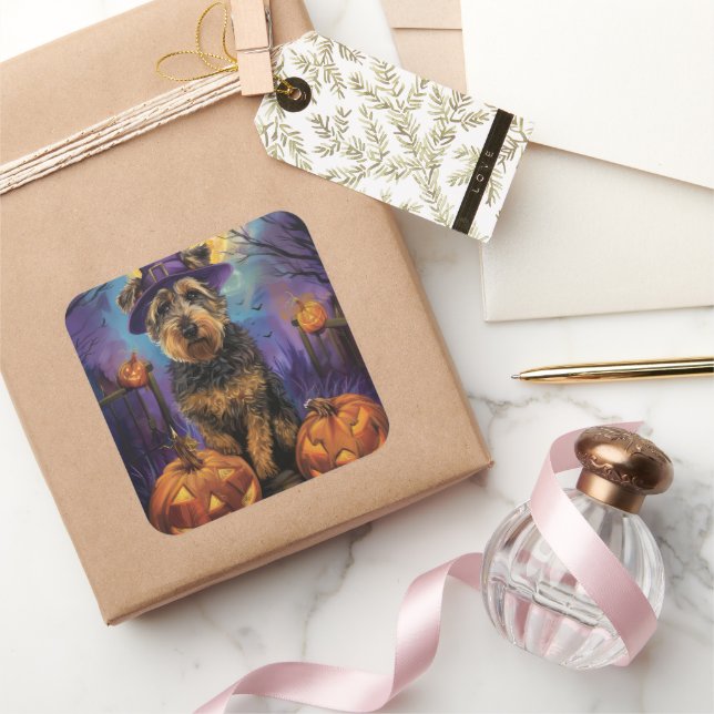 Spooky Airedale Halloween Witch and Pumpkin Square Sticker (Gifting)