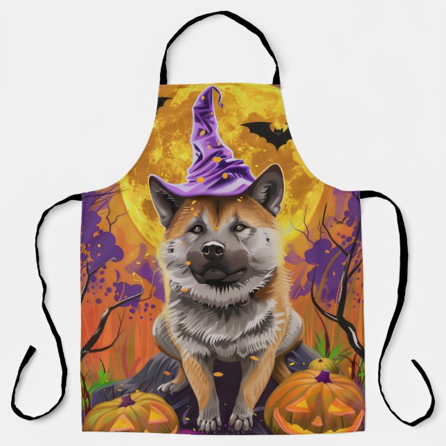 Spooky Akita Halloween Witch and Pumpkin  Apron (Front)
