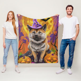 Spooky Akita Halloween Witch and Pumpkin Fleece Blanket