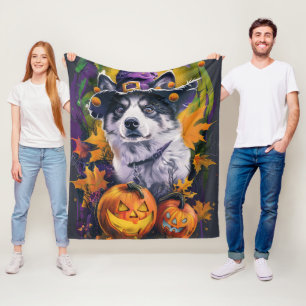 Spooky Akita Halloween Witch and Pumpkin Fleece Blanket