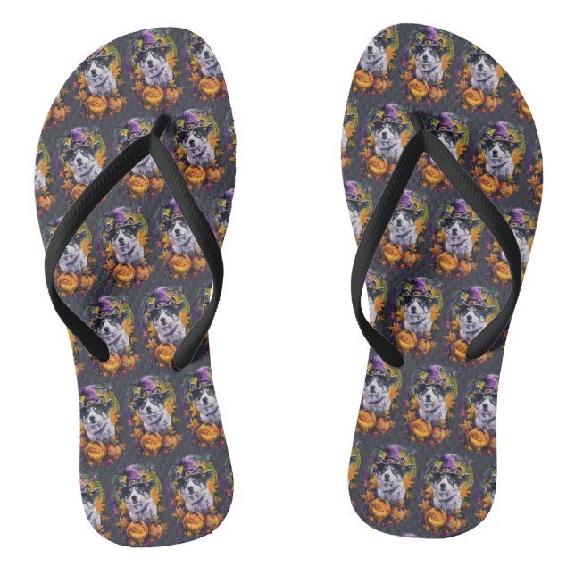Spooky Akita Halloween Witch and Pumpkin  Flip Flops (Footbed)
