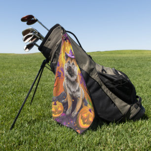 Spooky Akita Halloween Witch and Pumpkin Golf Towel
