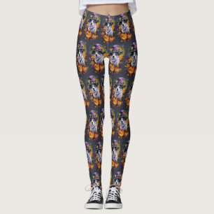 Spooky Akita Halloween Witch and Pumpkin  Leggings