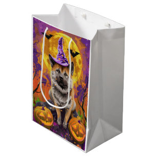 Spooky Akita Halloween Witch and Pumpkin Medium Gift Bag