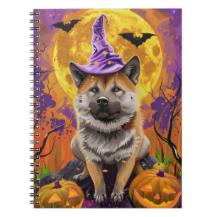 Spooky Akita Halloween Witch and Pumpkin Notebook