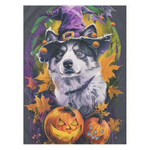 Spooky Akita Halloween Witch and Pumpkin  Tablecloth