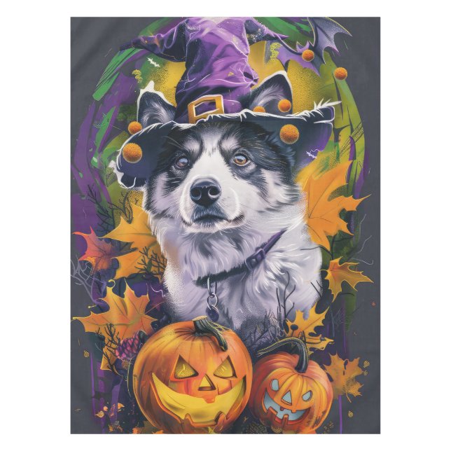 Spooky Akita Halloween Witch and Pumpkin  Tablecloth (Front)