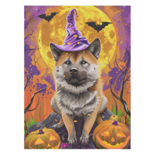 Spooky Akita Halloween Witch and Pumpkin Tablecloth