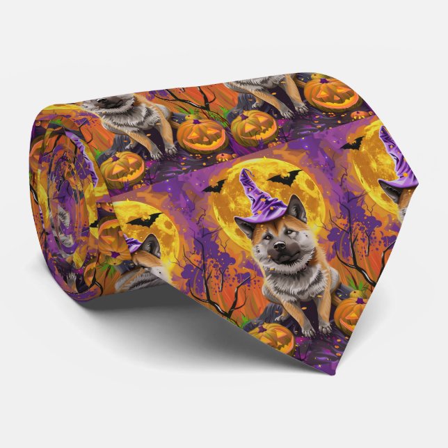  Spooky Akita Halloween Witch and Pumpkin  Tie (Rolled)
