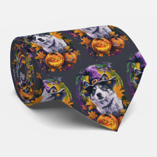 Spooky Akita Halloween Witch and Pumpkin Tie