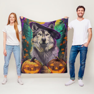 Spooky Alaskan Malamute alloween Witch and Pumpkin Fleece Blanket