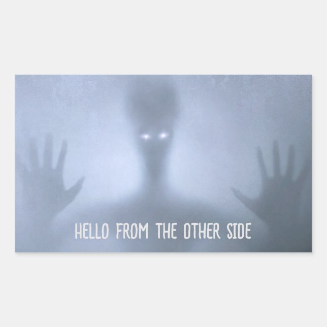 Spooky Alien in Fog Hello from the Other Side Rectangular Sticker (Front)