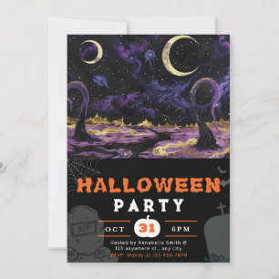 Spooky Alien Landscape Crescent Moon Halloween Invitation