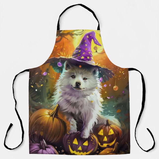 Spooky American Eskimo Halloween Witch and Pumpkin Apron (Front)