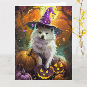 Spooky American Eskimo Halloween Witch and Pumpkin Card
