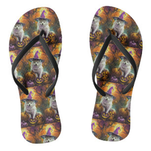 Spooky American Eskimo Halloween Witch and Pumpkin Flip Flops