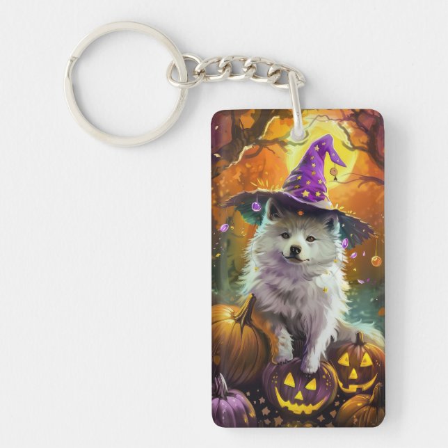 Spooky American Eskimo Halloween Witch and Pumpkin Key Ring (Front)
