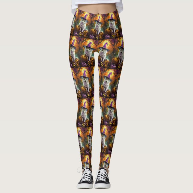 Spooky American Eskimo Halloween Witch and Pumpkin Leggings (Front)