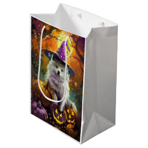Spooky American Eskimo Halloween Witch and Pumpkin Medium Gift Bag