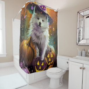 Spooky American Eskimo Halloween Witch and Pumpkin Shower Curtain