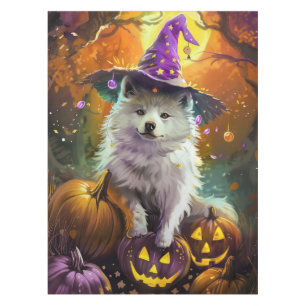 Spooky American Eskimo Halloween Witch and Pumpkin Tablecloth