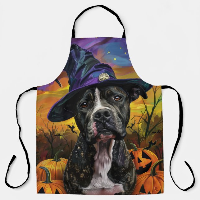 Spooky American Staffordshire Halloween Pumpkin Apron (Front)