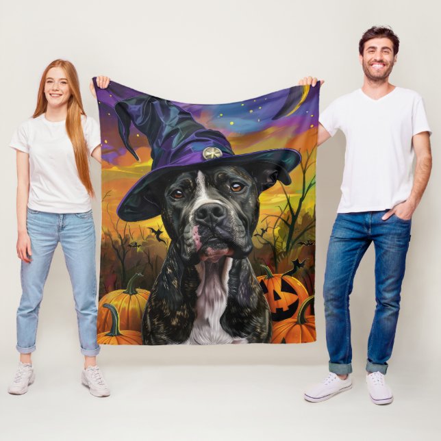 Spooky American Staffordshire Halloween Pumpkin Fleece Blanket (In Situ)