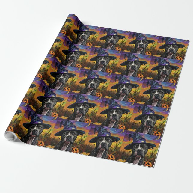 Spooky American Staffordshire Halloween Pumpkin Wrapping Paper (Unrolled)