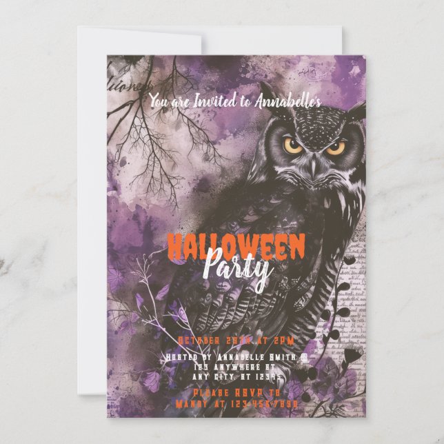 Spooky and Beautiful Owl Purple Halloween Party Invitation (Front)