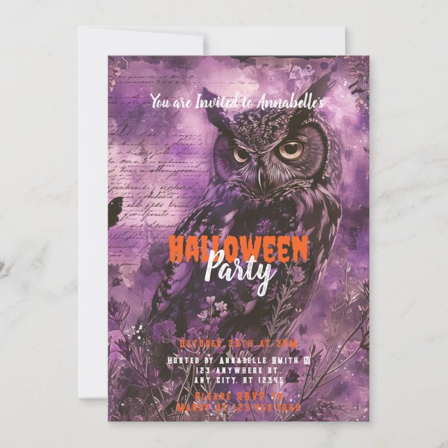 Spooky and Beautiful Owl Purple Halloween Party Invitation (Front)