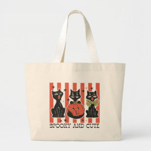 Spooky and Cute - Black Cat and Pumpkin Large Tote Bag