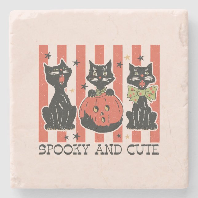 Spooky and Cute - Black Cat and Pumpkin Stone Coaster (Front)
