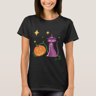 Spooky and Cute Halloween Witch Cat and Pumpkin T-Shirt