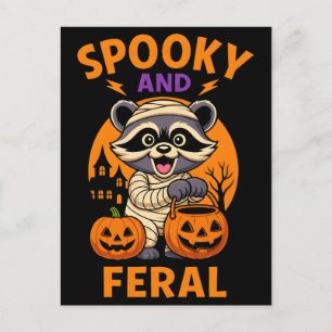 Spooky and feral cute raccoon mummy pumpkins hallo holiday postcard
