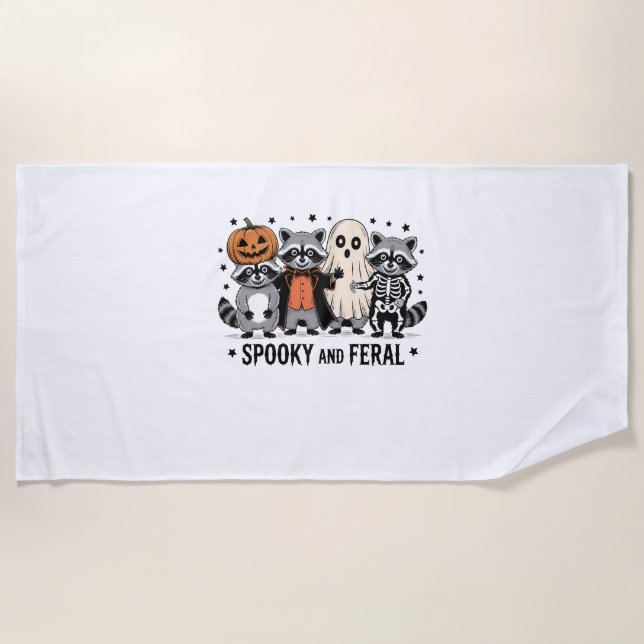 Spooky and Feral Funny Halloween Racoon Beach Towel (Front)