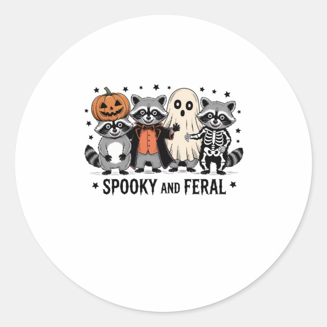 Spooky and Feral Funny Halloween Racoon Classic Round Sticker (Front)